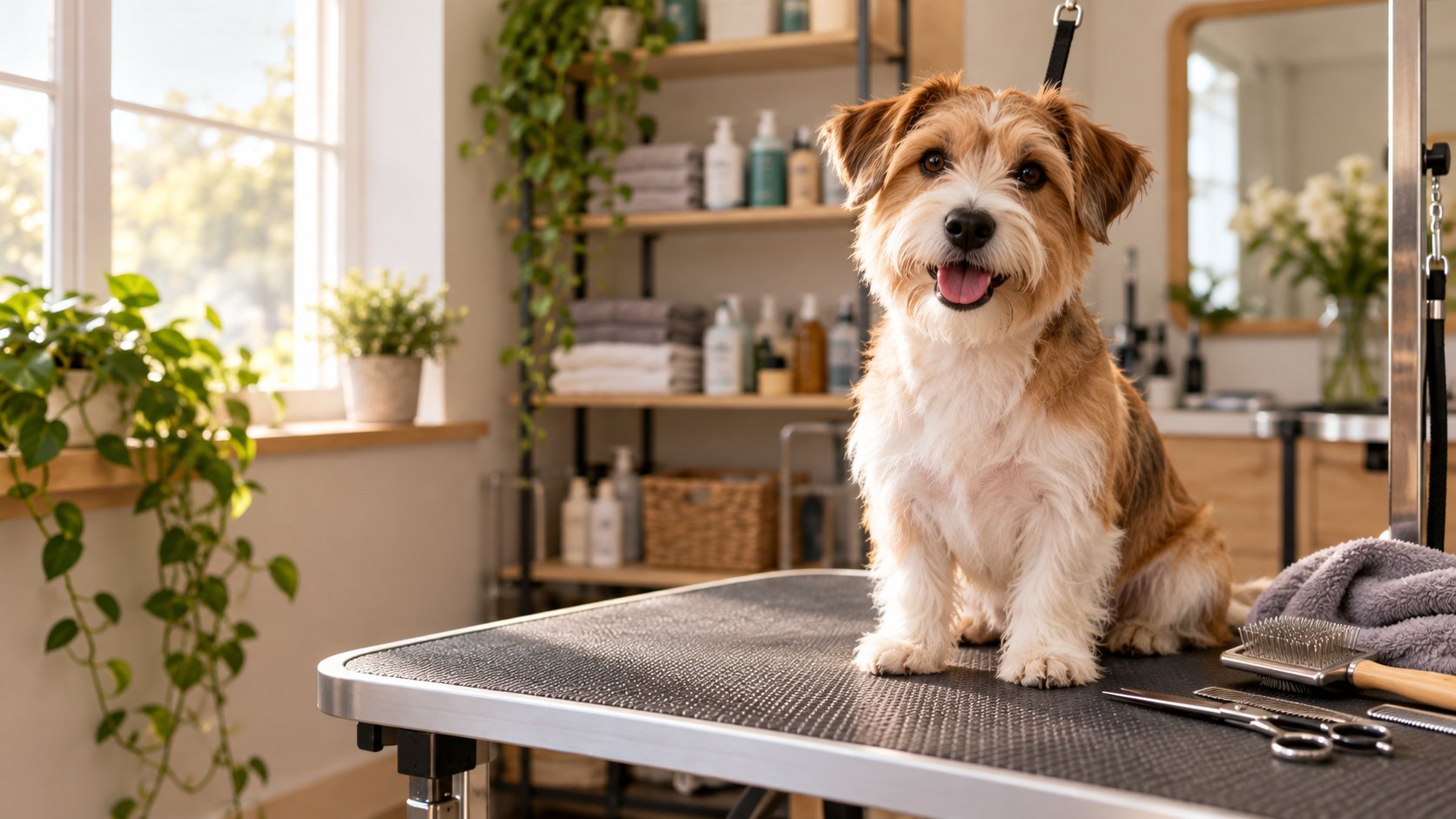 Freshly groomed dog in a welcoming salon